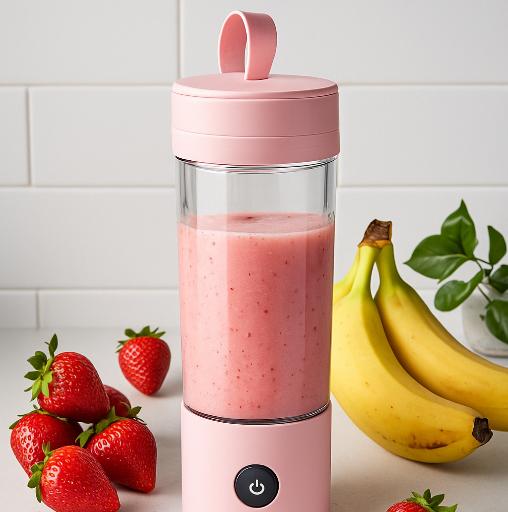 Pink portable USB blender filled with strawberry banana smoothie on kitchen counter with fresh fruit around — perfect tool for healthy drinks on the go