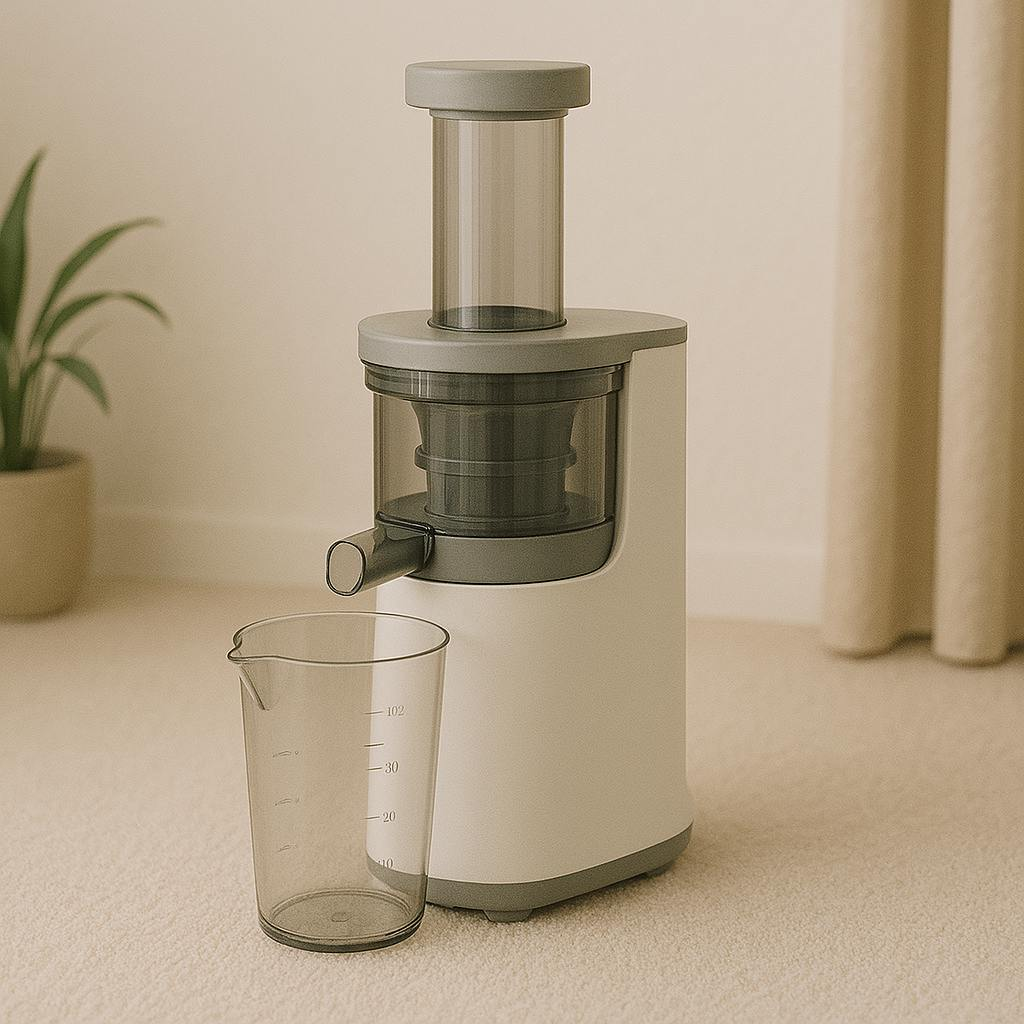 Minimalist electric juicer with transparent cup on beige background.