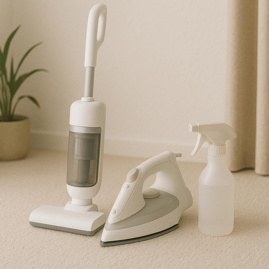 Compact vacuum cleaner, iron, and spray bottle for home cleaning.