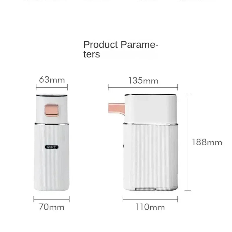 Product dimensions of the compact instant hot water dispenser with side and front measurements.