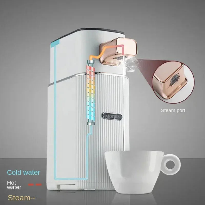 Diagram showing steam and water flow system in an instant hot water dispenser with labeled cold and hot water paths.