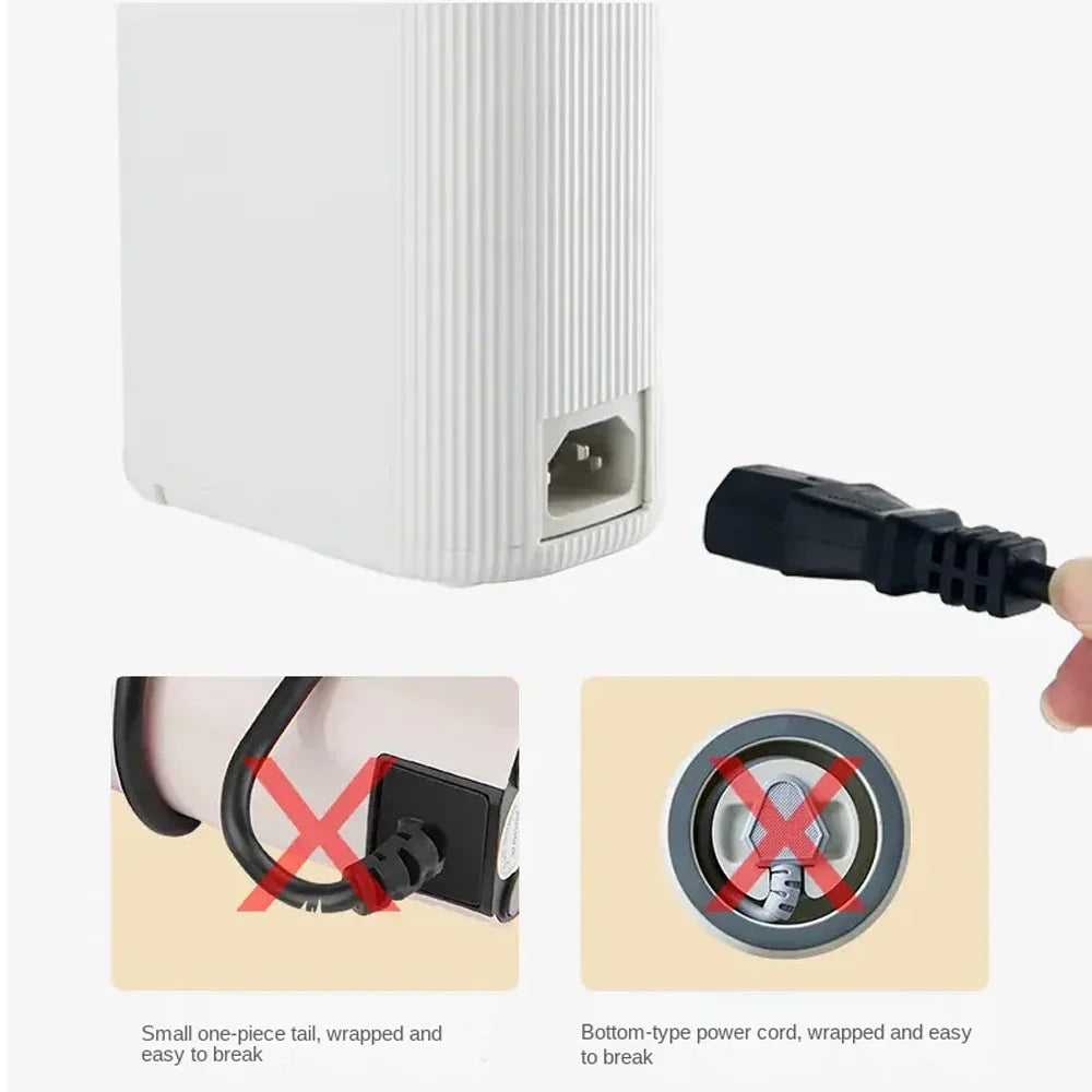 Backside of hot water dispenser showing improved cable port design compared to other models.