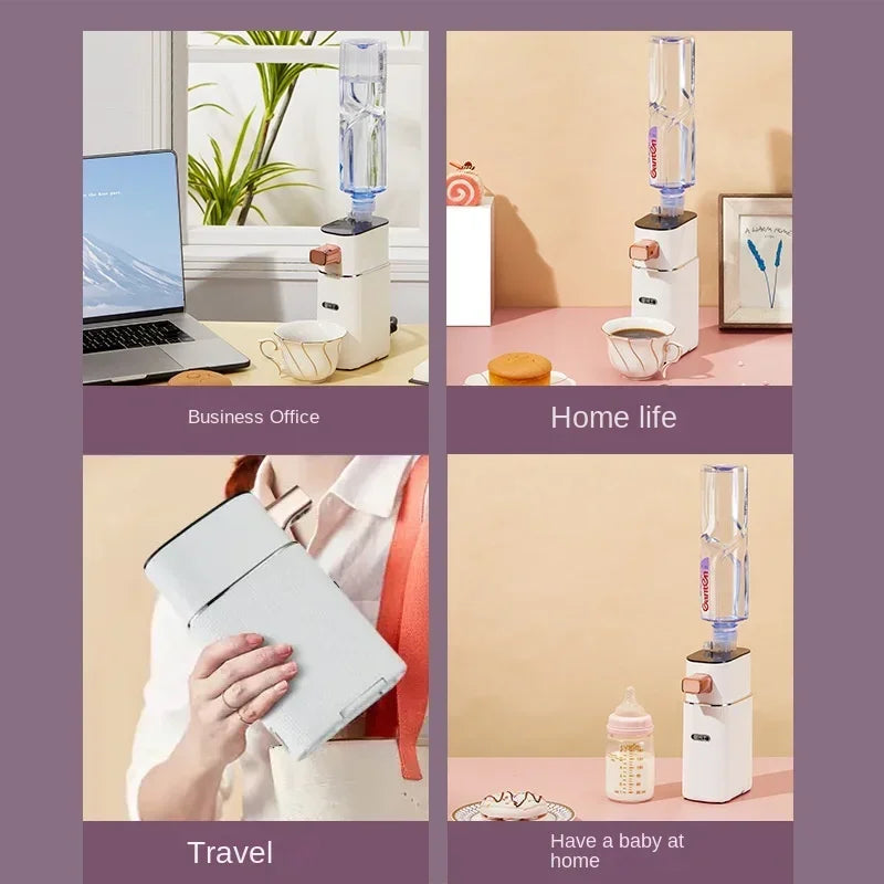 Compact hot water dispenser used in different environments: office, home, travel, and baby care.