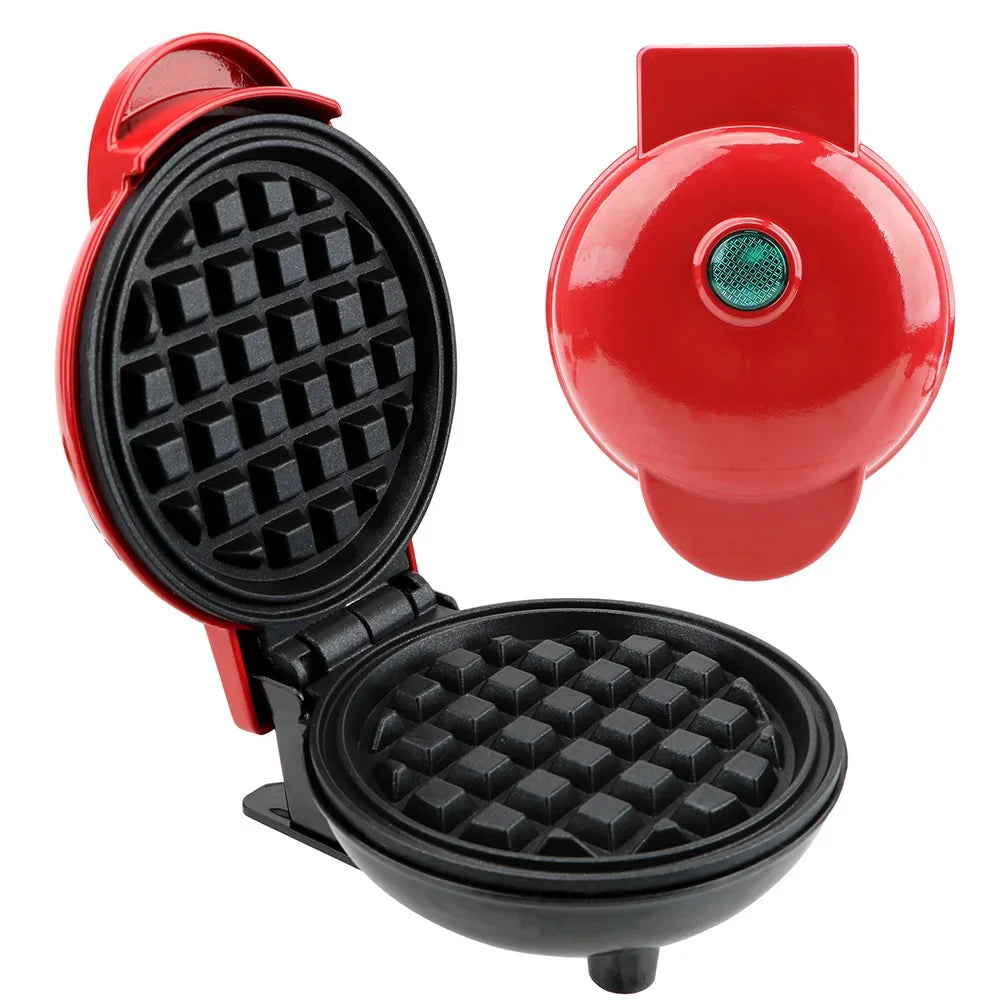 Red and black waffle maker on a white background