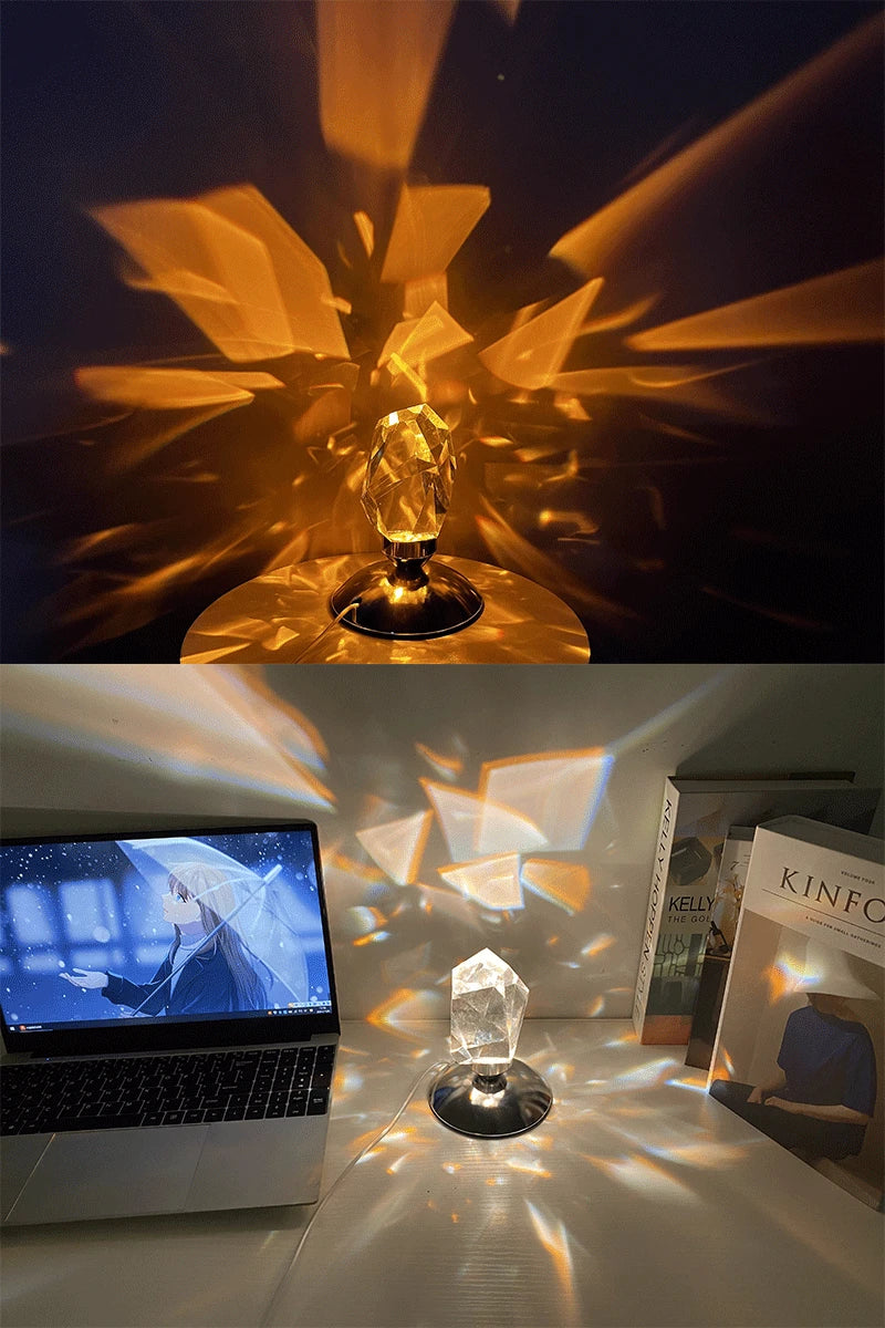 Warm amber glow from crystal night light for romantic atmosphere