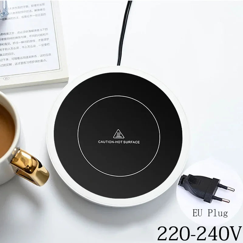 Round coffee mug warmer with EU plug and white ceramic mug, 220-240V