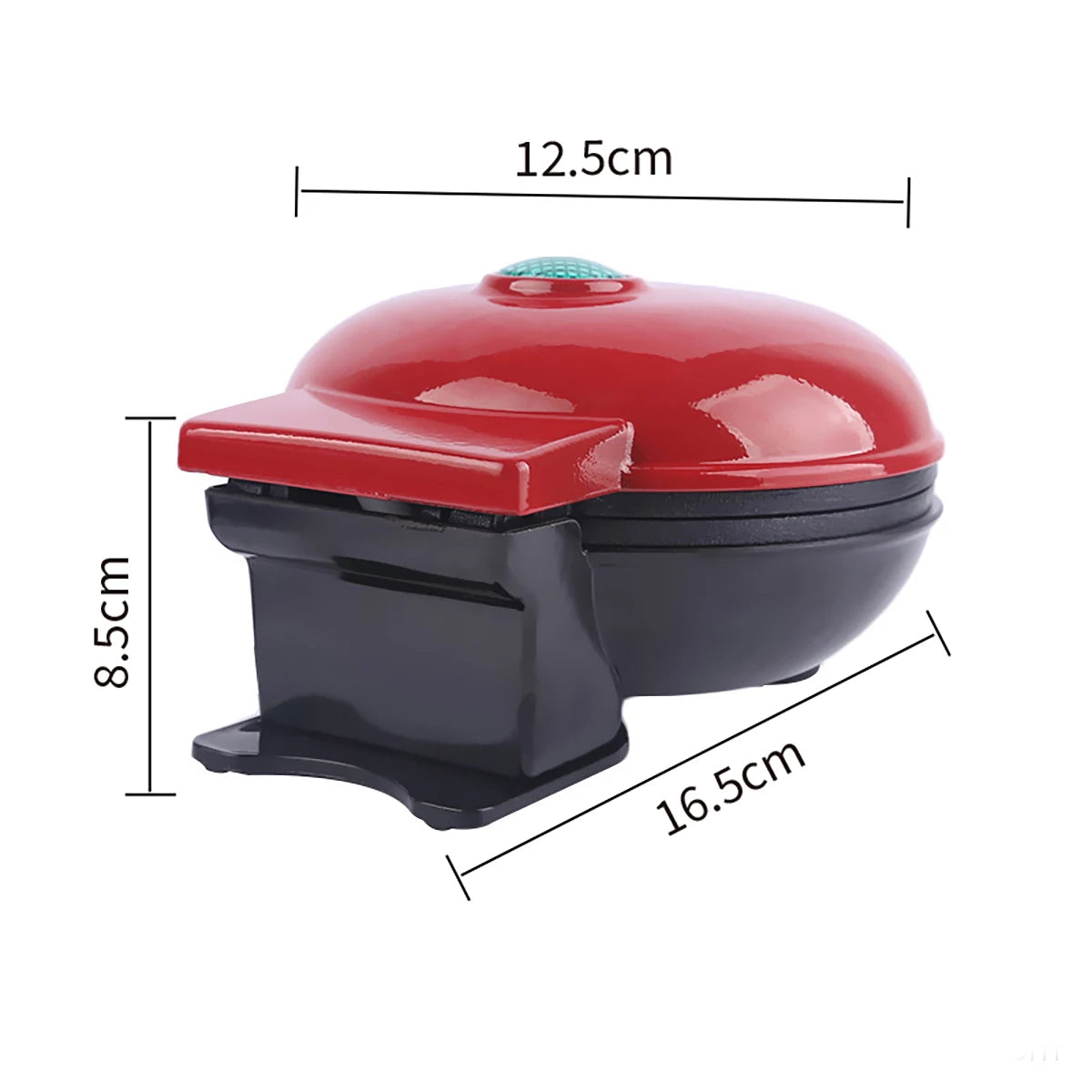 Red and black portable grill with dimensions labeled on a white background