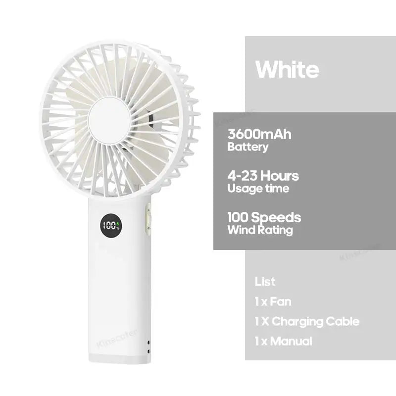 White handheld fan featuring 3600mAh battery, 100 speed settings, and up to 23 hours of use
