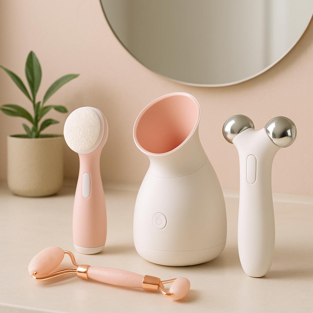 Smart skincare tools with facial steamer, cleansing brush, and rose quartz roller.