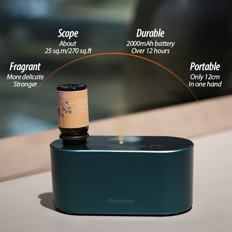 Green KINSCOTER waterless aroma diffuser with essential oil bottle, highlighting 270 sq.ft coverage and 12-hour battery life.