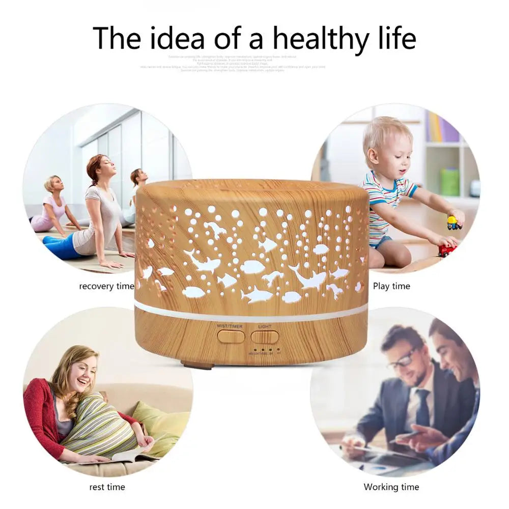 Wood grain diffuser shown during yoga, work, play, and rest - healthy lifestyle