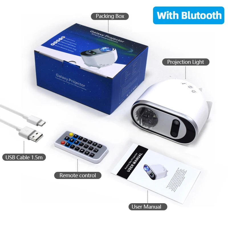 Aurora projector full set with Bluetooth, remote, USB, and manual