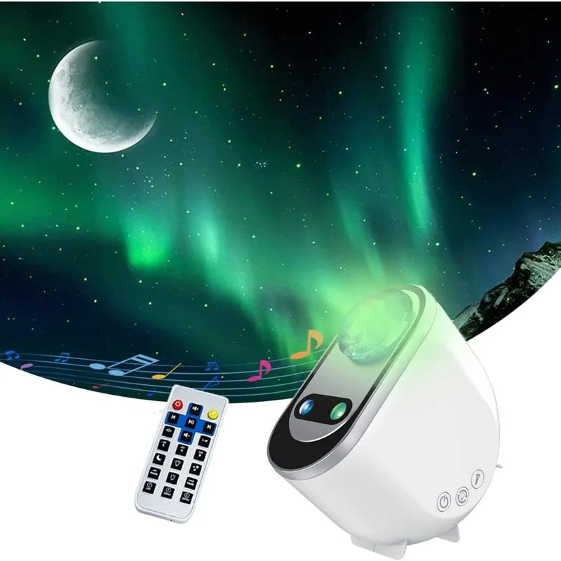Green northern lights effect projected with remote and music icons