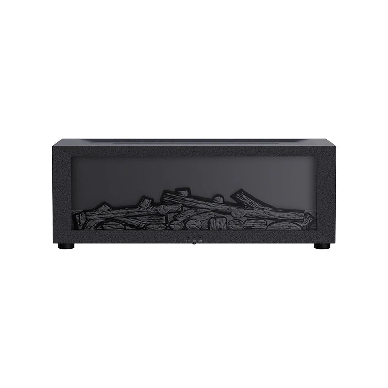 Black LED fireplace diffuser in off mode, showing wood pattern inside