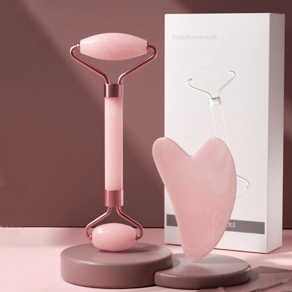 Pink jade roller and gua sha set for facial massage and skin care