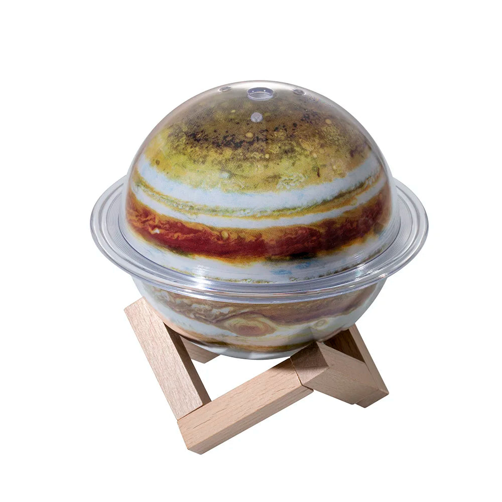 Planet Jupiter design humidifier diffuser with wooden base on white background