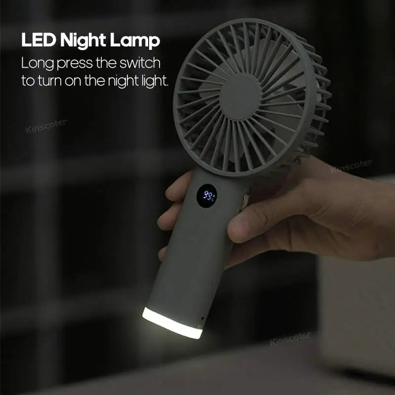 Handheld portable fan with built-in LED night lamp feature, perfect for nighttime use