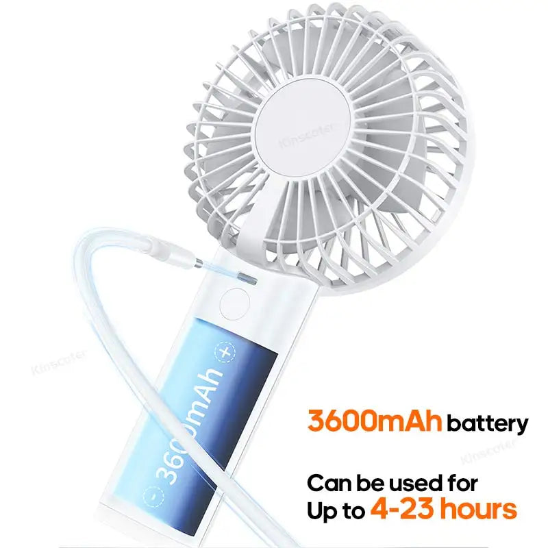 Handheld fan with 3600mAh USB rechargeable battery for long-lasting cooling up to 23 hours