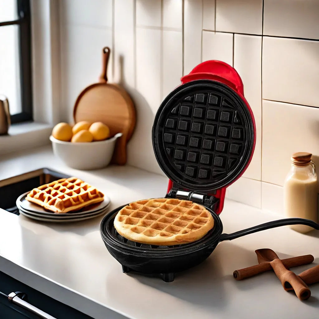 Waffle maker with a waffle on a kitchen counter, surrounded by ingredients.
